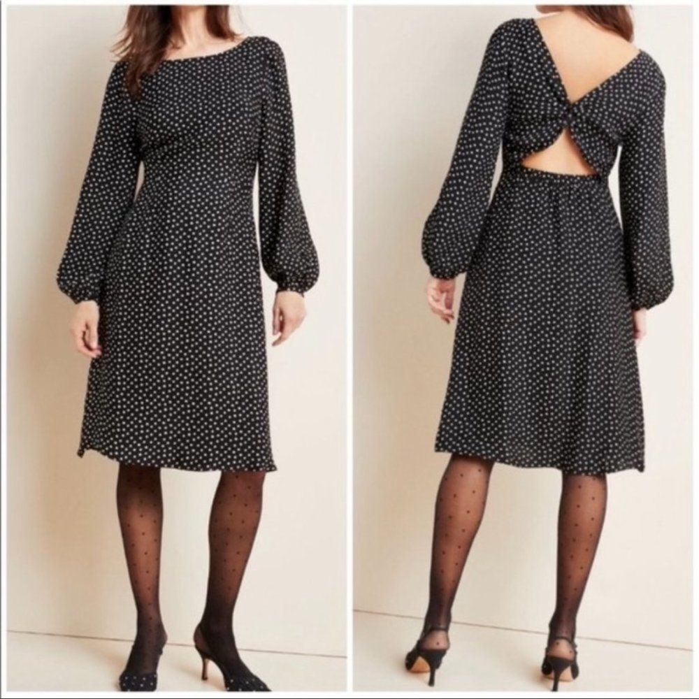 Anthropologie Black White Polka Dot Open Back Flowy A-Line Dress Size 4